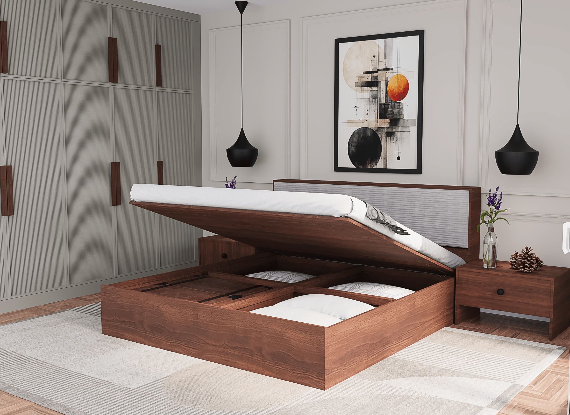 Orion Modular Hydraulic Bed (Classic Walnut) | Stylish Design with Smart Storage