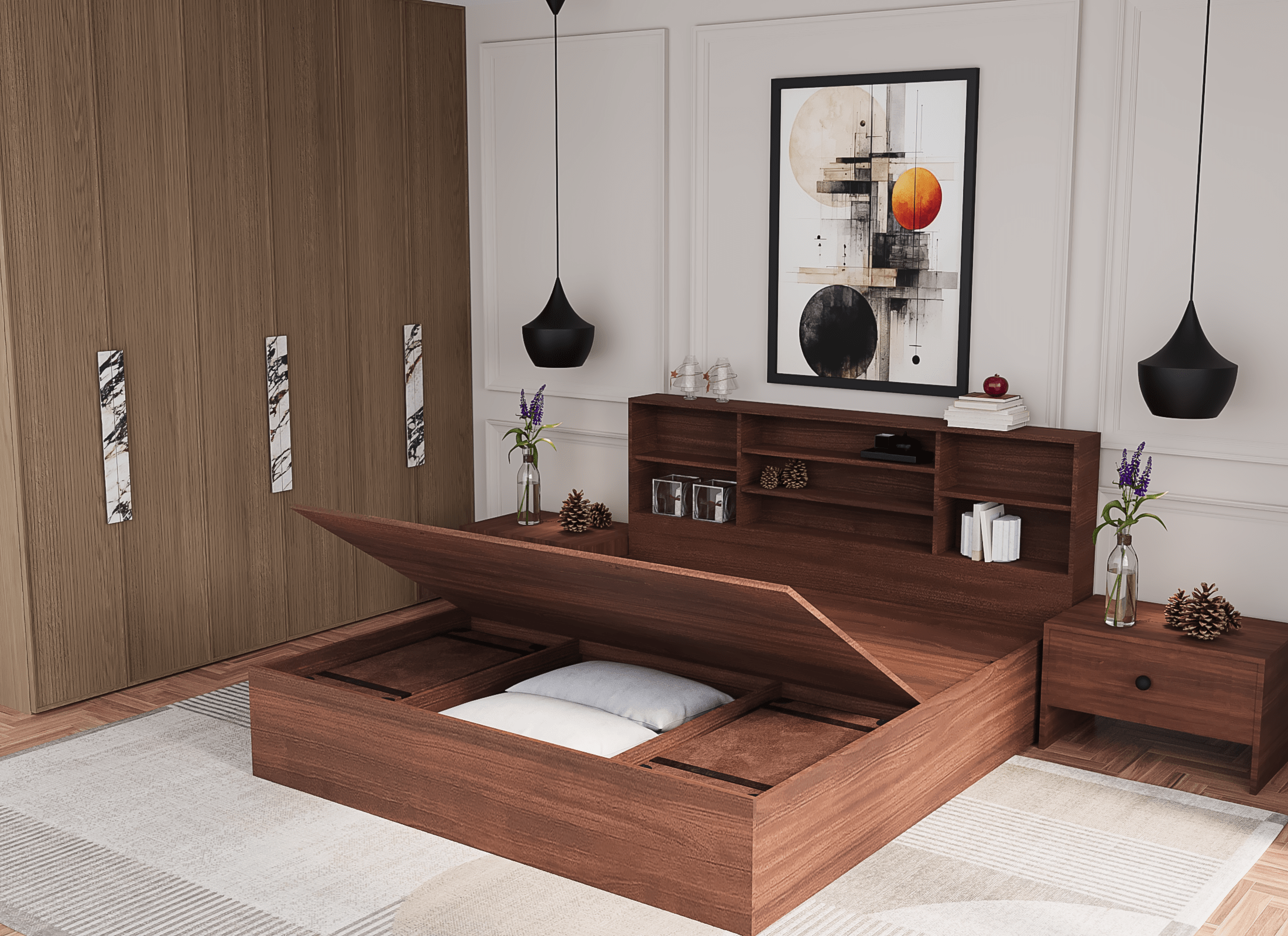 Vela Modular Hydraulic Bed (Classic Walnut) | Stylish Design with Smart Storage